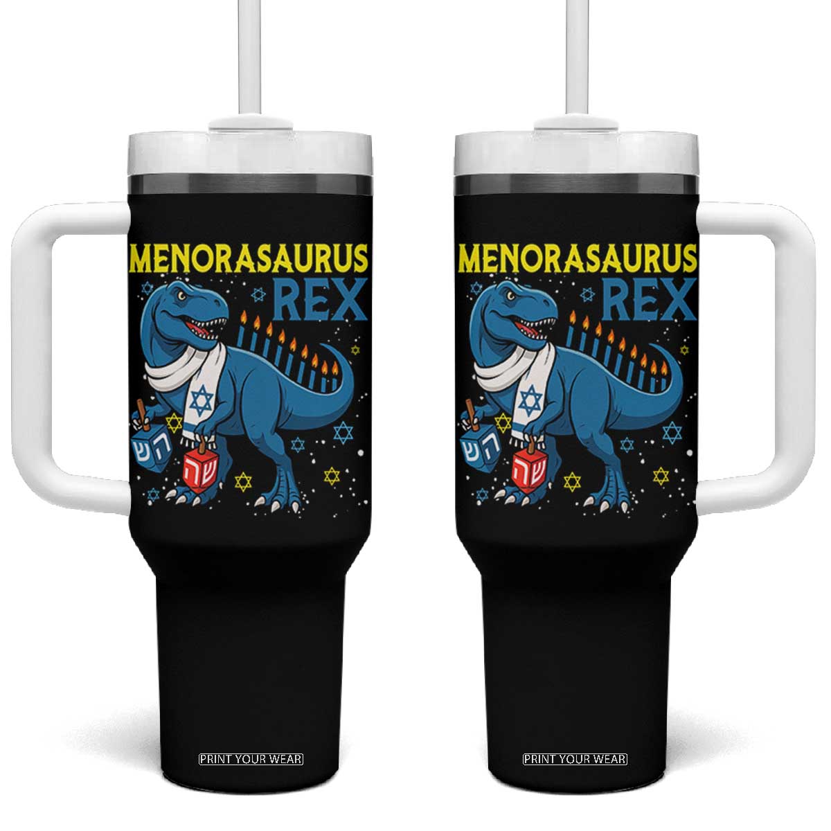 Funny Hanukkah Dinosaur With Dreidel Menorah Pun Gift Tumbler With Handle Menorasaurus Rex TS12 One Size: 40 oz Black Print Your Wear