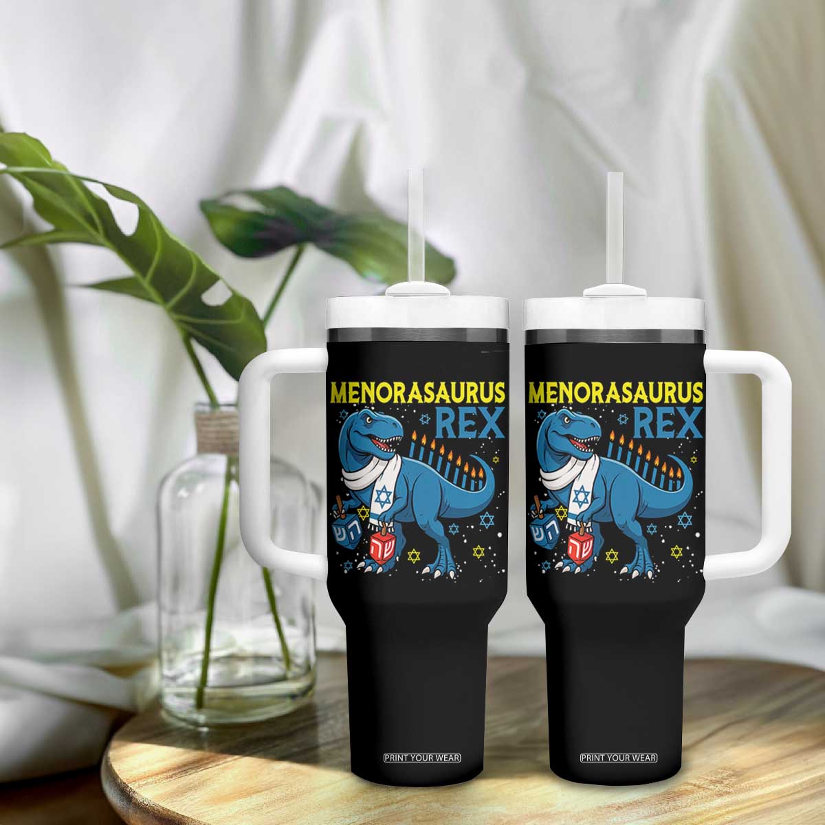 Funny Hanukkah Dinosaur With Dreidel Menorah Pun Gift Tumbler With Handle Menorasaurus Rex TS12 Print Your Wear