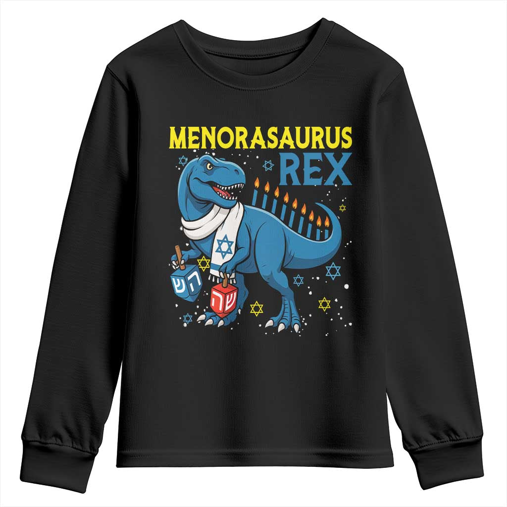 Funny Hanukkah Dinosaur With Dreidel Menorah Pun Gift Youth Sweatshirt Menorasaurus Rex TS12 Black Print Your Wear