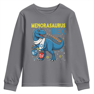 Funny Hanukkah Dinosaur With Dreidel Menorah Pun Gift Youth Sweatshirt Menorasaurus Rex TS12 Charcoal Print Your Wear