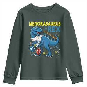 Funny Hanukkah Dinosaur With Dreidel Menorah Pun Gift Youth Sweatshirt Menorasaurus Rex TS12 Dark Forest Green Print Your Wear