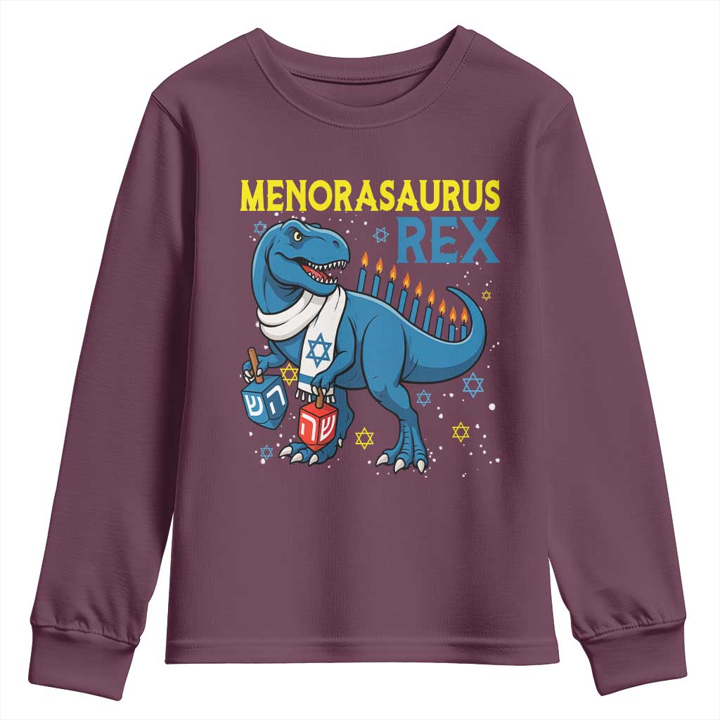 Funny Hanukkah Dinosaur With Dreidel Menorah Pun Gift Youth Sweatshirt Menorasaurus Rex TS12 Maroon Print Your Wear