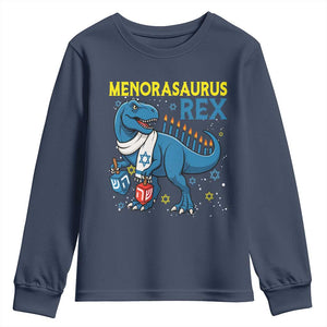 Funny Hanukkah Dinosaur With Dreidel Menorah Pun Gift Youth Sweatshirt Menorasaurus Rex TS12 Navy Print Your Wear