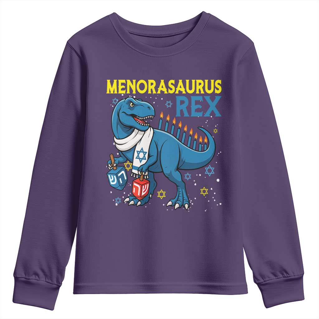 Funny Hanukkah Dinosaur With Dreidel Menorah Pun Gift Youth Sweatshirt Menorasaurus Rex TS12 Purple Print Your Wear