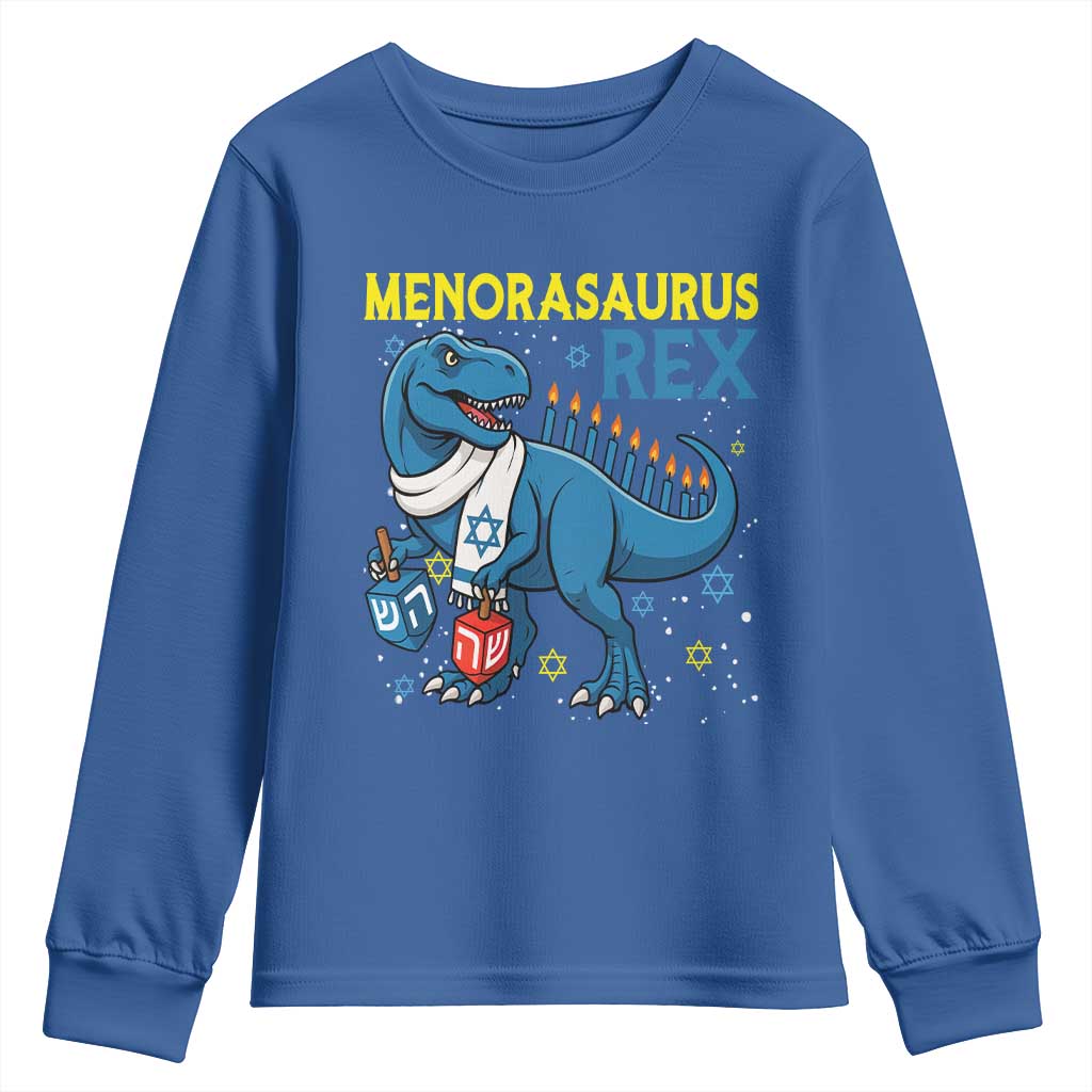 Funny Hanukkah Dinosaur With Dreidel Menorah Pun Gift Youth Sweatshirt Menorasaurus Rex TS12 Royal Blue Print Your Wear