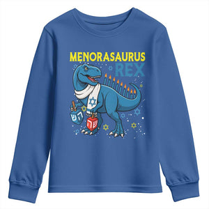 Funny Hanukkah Dinosaur With Dreidel Menorah Pun Gift Youth Sweatshirt Menorasaurus Rex TS12 Royal Blue Print Your Wear