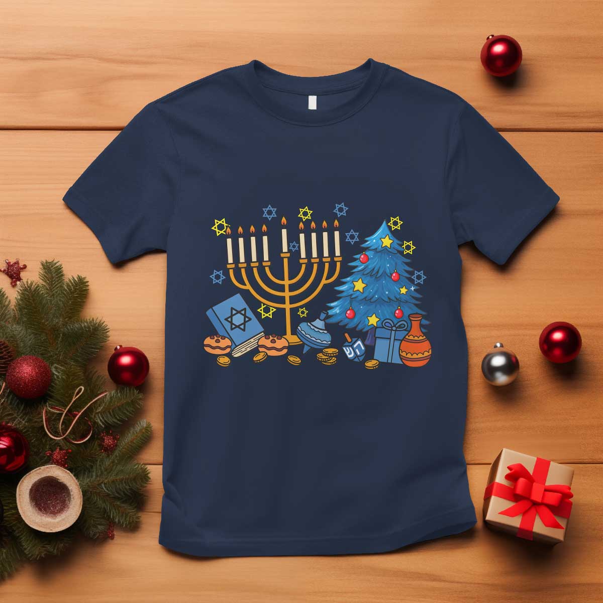 Interfaith Christmas Hanukkah T Shirt Celebration Festival Of Lights Gift TS12 Navy Print Your Wear