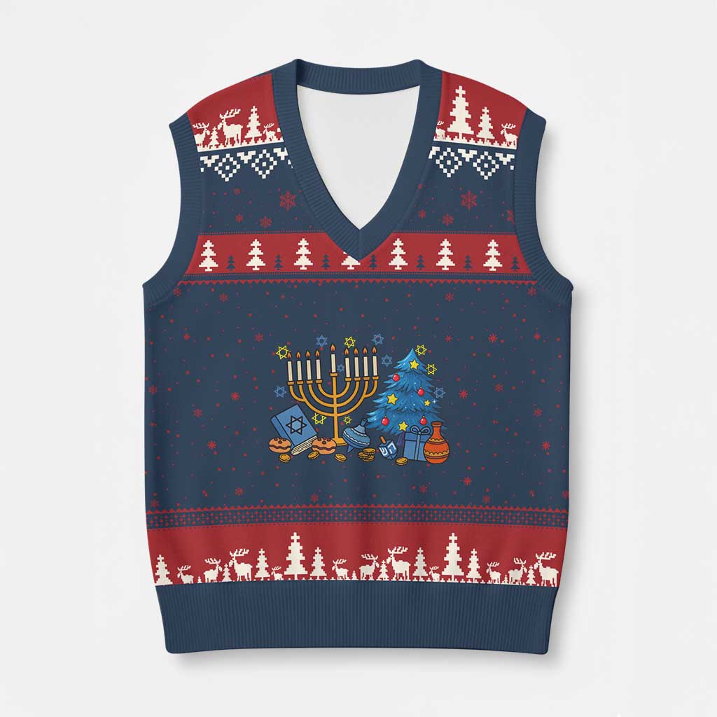 Interfaith Xmas Hanukkah V-Neck Knit Sweater Vest Celebration Festival Of Lights Gift TS12 Navy Red Print Your Wear