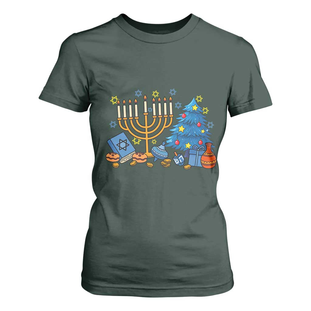 Interfaith Christmas Hanukkah T Shirt For Women Celebration Festival Of Lights Gift TS12 Dark Forest Green Print Your Wear