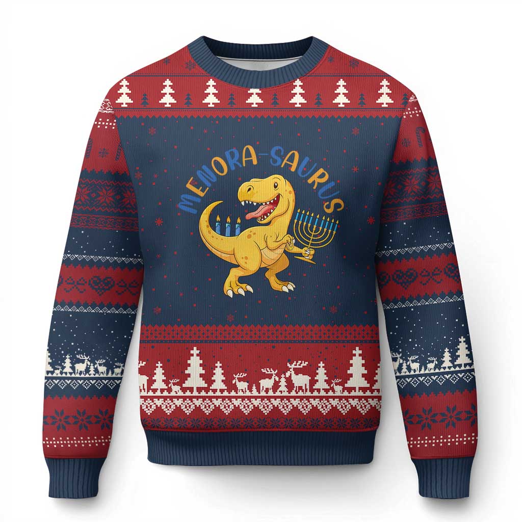 Funny Hanukkah Dinosaur Celebration Festival Of Lights Gift Ugly Christmas Sweater Menorasaurus TS12 Navy Red Print Your Wear