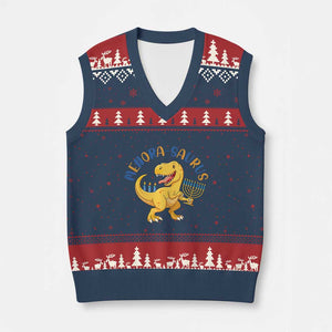 Funny Hanukkah Dinosaur Celebration Festival Of Lights Gift V-Neck Knit Sweater Vest Menorasaurus TS12 Navy Red Print Your Wear
