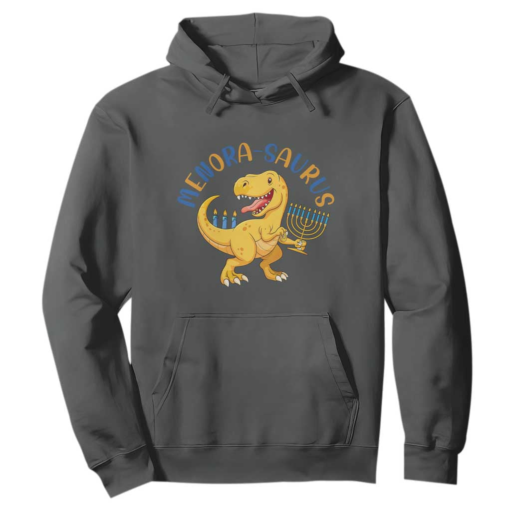 Funny Hanukkah Dinosaur Celebration Festival Of Lights Gift Hoodie Menorasaurus TS12 Dark Heather Print Your Wear