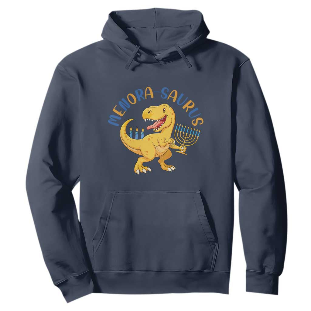 Funny Hanukkah Dinosaur Celebration Festival Of Lights Gift Hoodie Menorasaurus TS12 Navy Print Your Wear