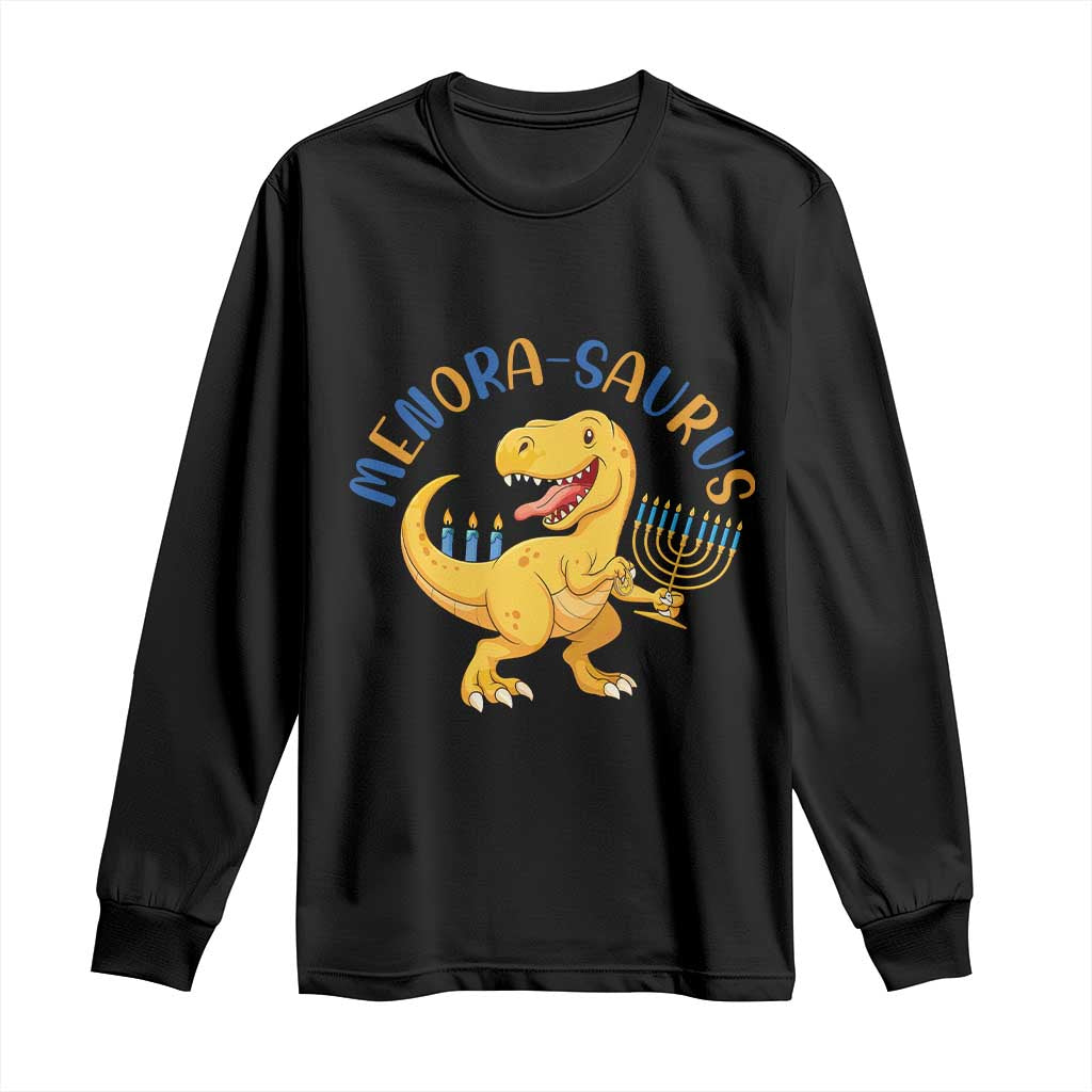 Funny Hanukkah Dinosaur Celebration Festival Of Lights Gift Long Sleeve Shirt Menorasaurus TS12 Black Print Your Wear