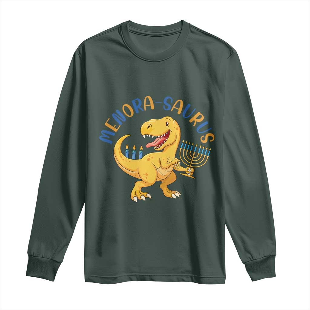 Funny Hanukkah Dinosaur Celebration Festival Of Lights Gift Long Sleeve Shirt Menorasaurus TS12 Dark Forest Green Print Your Wear