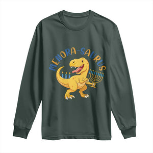 Funny Hanukkah Dinosaur Celebration Festival Of Lights Gift Long Sleeve Shirt Menorasaurus TS12 Dark Forest Green Print Your Wear