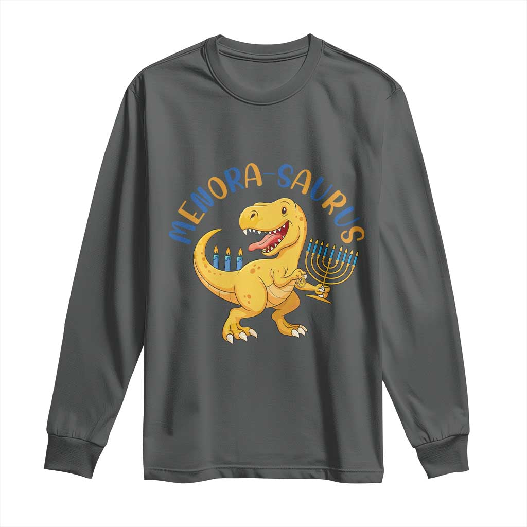 Funny Hanukkah Dinosaur Celebration Festival Of Lights Gift Long Sleeve Shirt Menorasaurus TS12 Dark Heather Print Your Wear