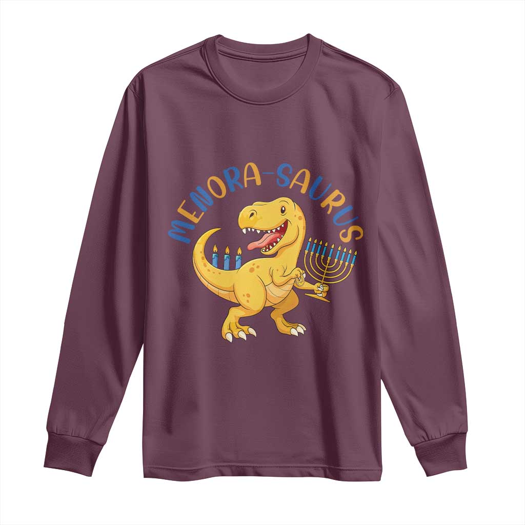 Funny Hanukkah Dinosaur Celebration Festival Of Lights Gift Long Sleeve Shirt Menorasaurus TS12 Maroon Print Your Wear