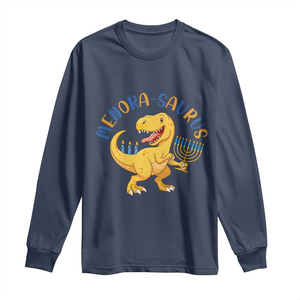 Funny Hanukkah Dinosaur Celebration Festival Of Lights Gift Long Sleeve Shirt Menorasaurus TS12 Navy Print Your Wear
