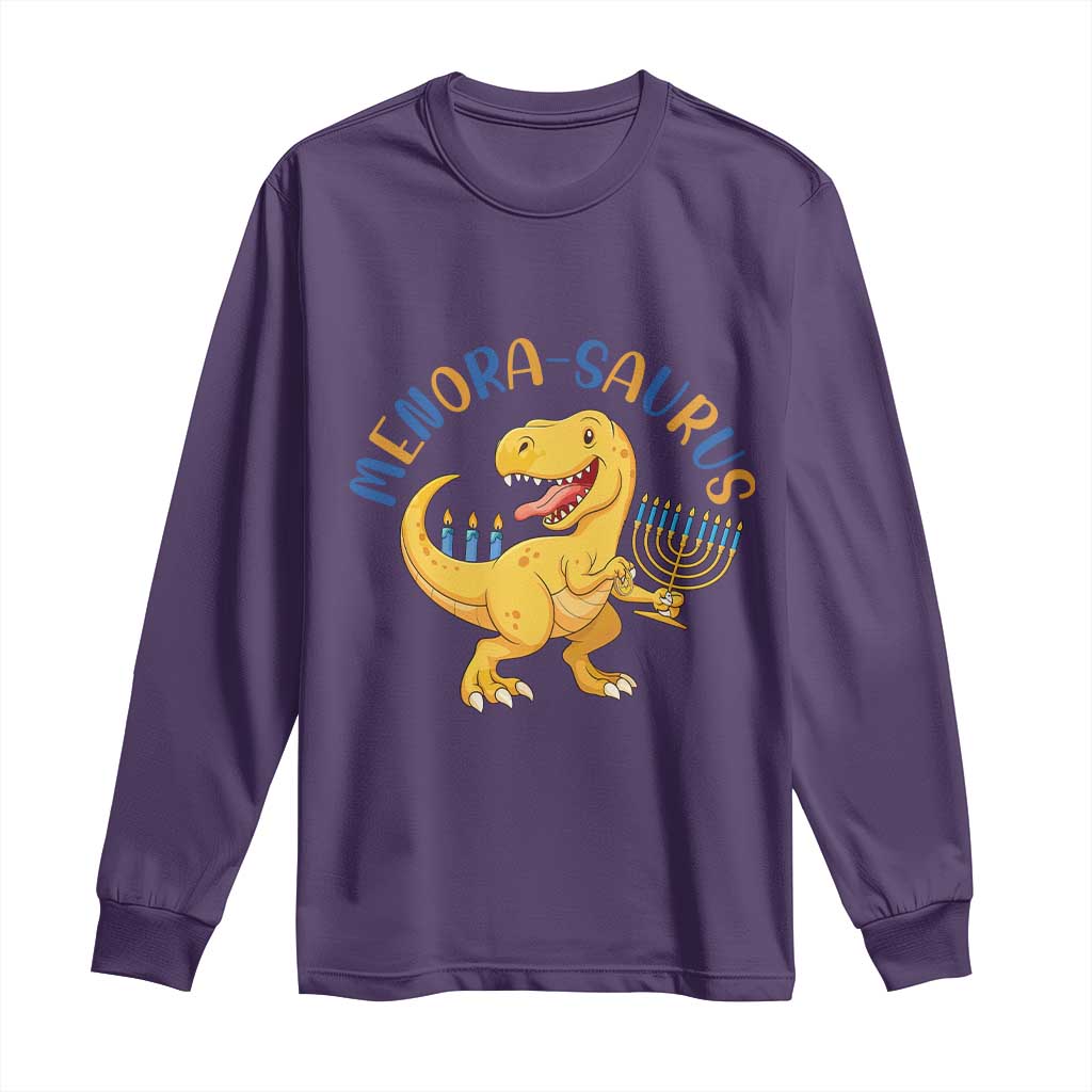 Funny Hanukkah Dinosaur Celebration Festival Of Lights Gift Long Sleeve Shirt Menorasaurus TS12 Purple Print Your Wear