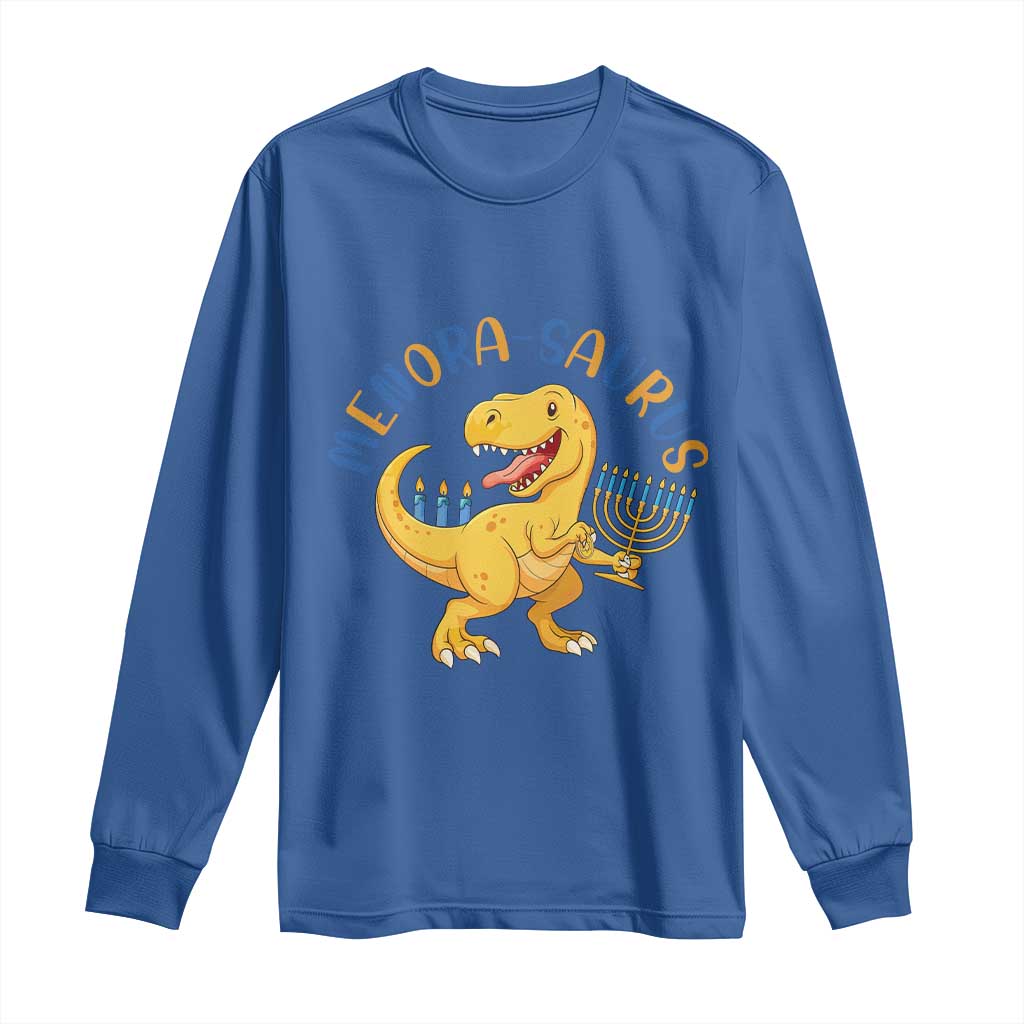 Funny Hanukkah Dinosaur Celebration Festival Of Lights Gift Long Sleeve Shirt Menorasaurus TS12 Royal Blue Print Your Wear