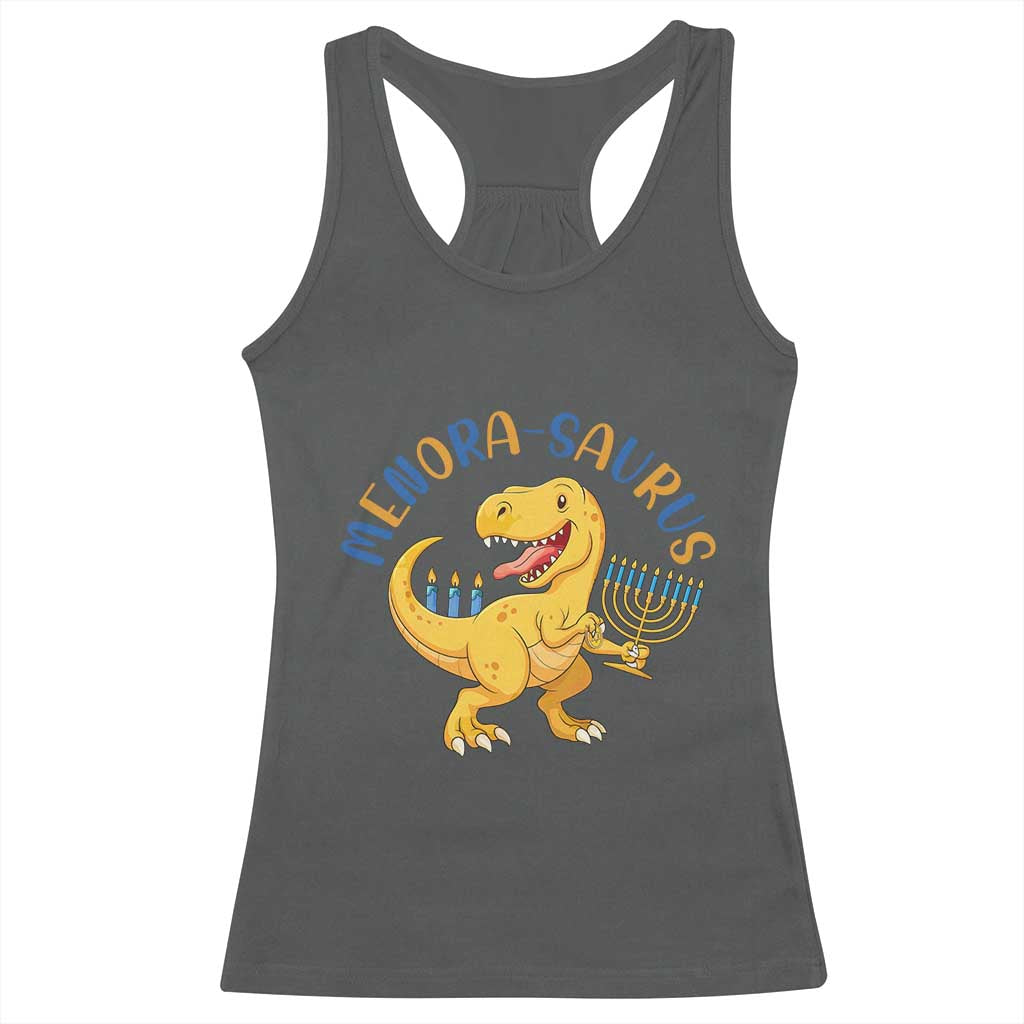 Funny Hanukkah Dinosaur Celebration Festival Of Lights Gift Racerback Tank Top Menorasaurus TS12 Dark Heather Print Your Wear