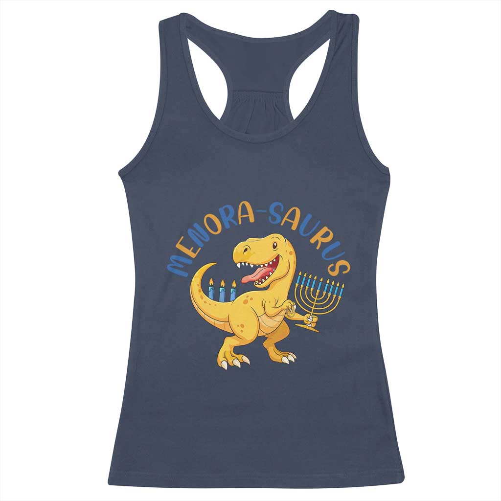 Funny Hanukkah Dinosaur Celebration Festival Of Lights Gift Racerback Tank Top Menorasaurus TS12 Navy Print Your Wear