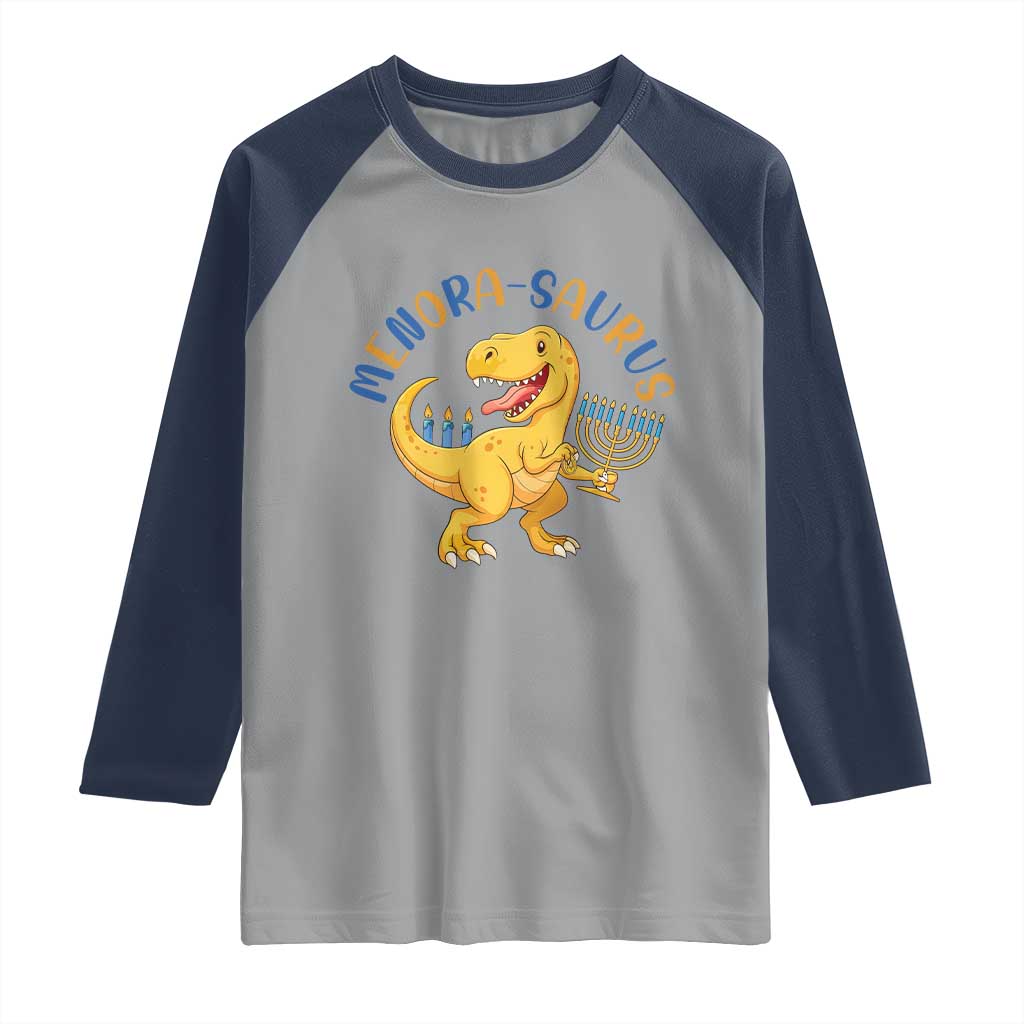 Funny Hanukkah Dinosaur Celebration Festival Of Lights Gift Raglan Shirt Menorasaurus TS12 Sport Gray Navy Print Your Wear
