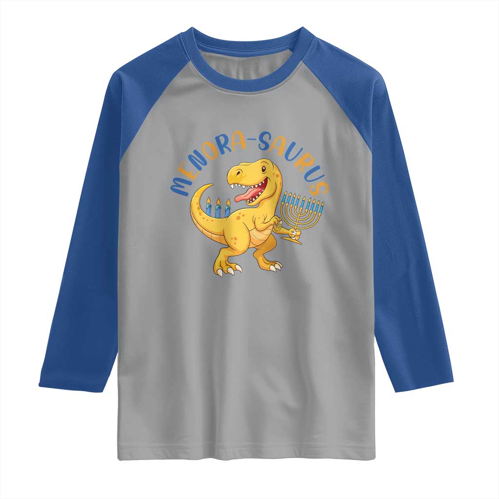Funny Hanukkah Dinosaur Celebration Festival Of Lights Gift Raglan Shirt Menorasaurus TS12 Sport Gray Royal Print Your Wear