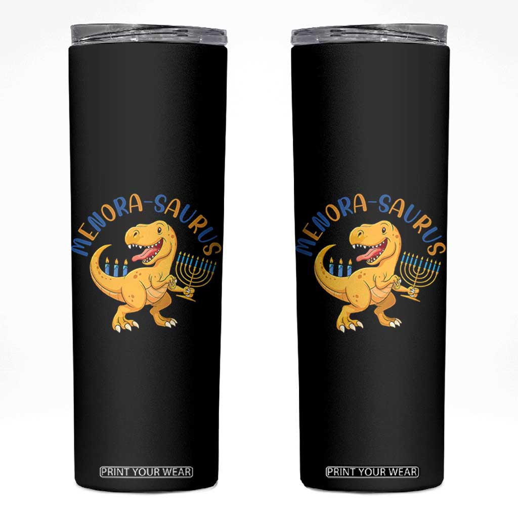Funny Hanukkah Dinosaur Celebration Festival Of Lights Gift Skinny Tumbler Menorasaurus TS12 Black Print Your Wear