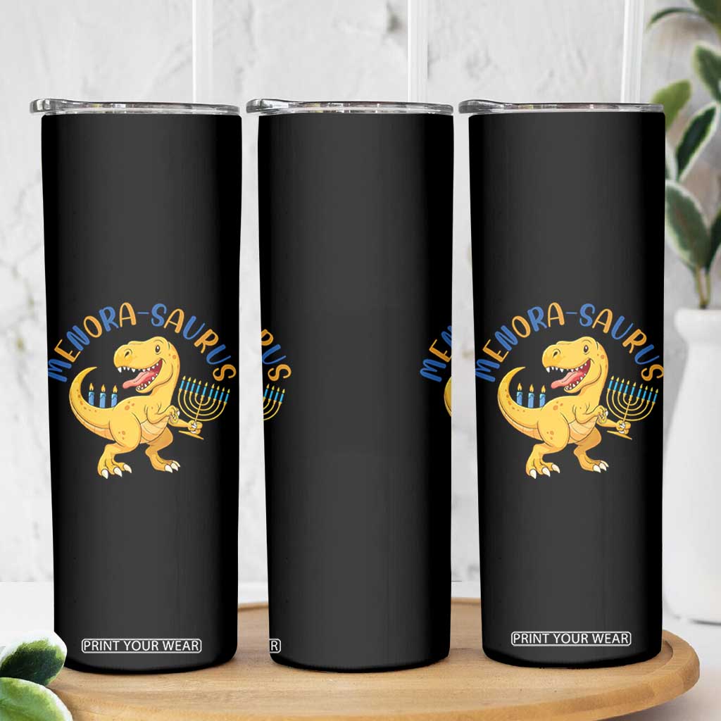 Funny Hanukkah Dinosaur Celebration Festival Of Lights Gift Skinny Tumbler Menorasaurus TS12 Print Your Wear