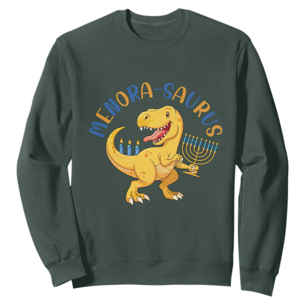 Funny Hanukkah Dinosaur Celebration Festival Of Lights Gift Sweatshirt Menorasaurus TS12 Dark Forest Green Print Your Wear