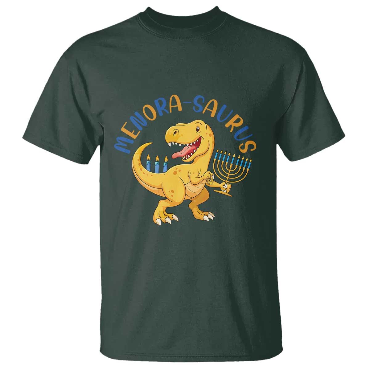 Funny Hanukkah Dinosaur Celebration Festival Of Lights Gift T Shirt Menorasaurus TS12 Dark Forest Green Print Your Wear