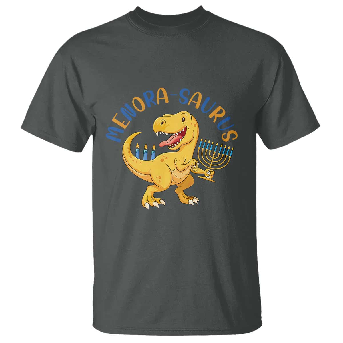 Funny Hanukkah Dinosaur Celebration Festival Of Lights Gift T Shirt Menorasaurus TS12 Dark Heather Print Your Wear
