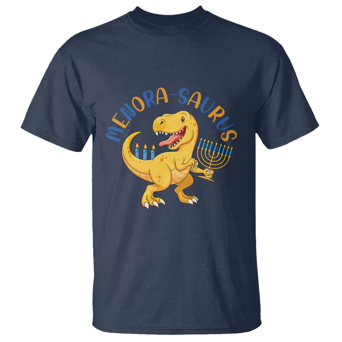 Funny Hanukkah Dinosaur Celebration Festival Of Lights Gift T Shirt Menorasaurus TS12 Navy Print Your Wear