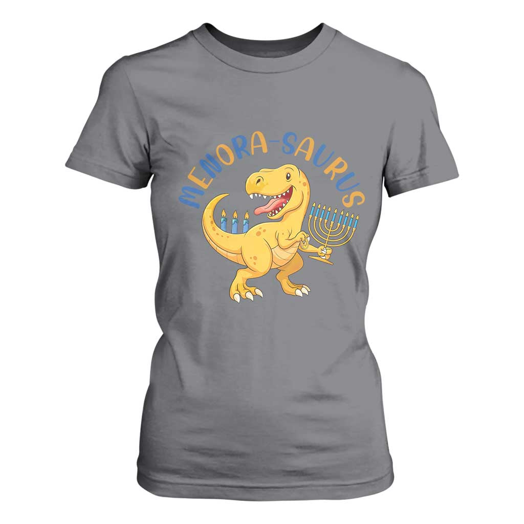Funny Hanukkah Dinosaur Celebration Festival Of Lights Gift T Shirt For Women Menorasaurus TS12 Charcoal Print Your Wear