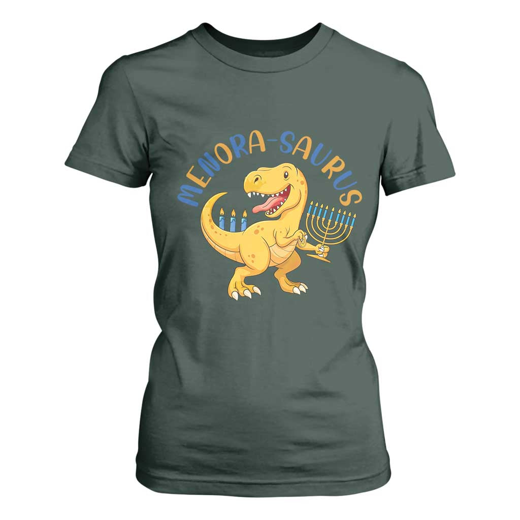 Funny Hanukkah Dinosaur Celebration Festival Of Lights Gift T Shirt For Women Menorasaurus TS12 Dark Forest Green Print Your Wear