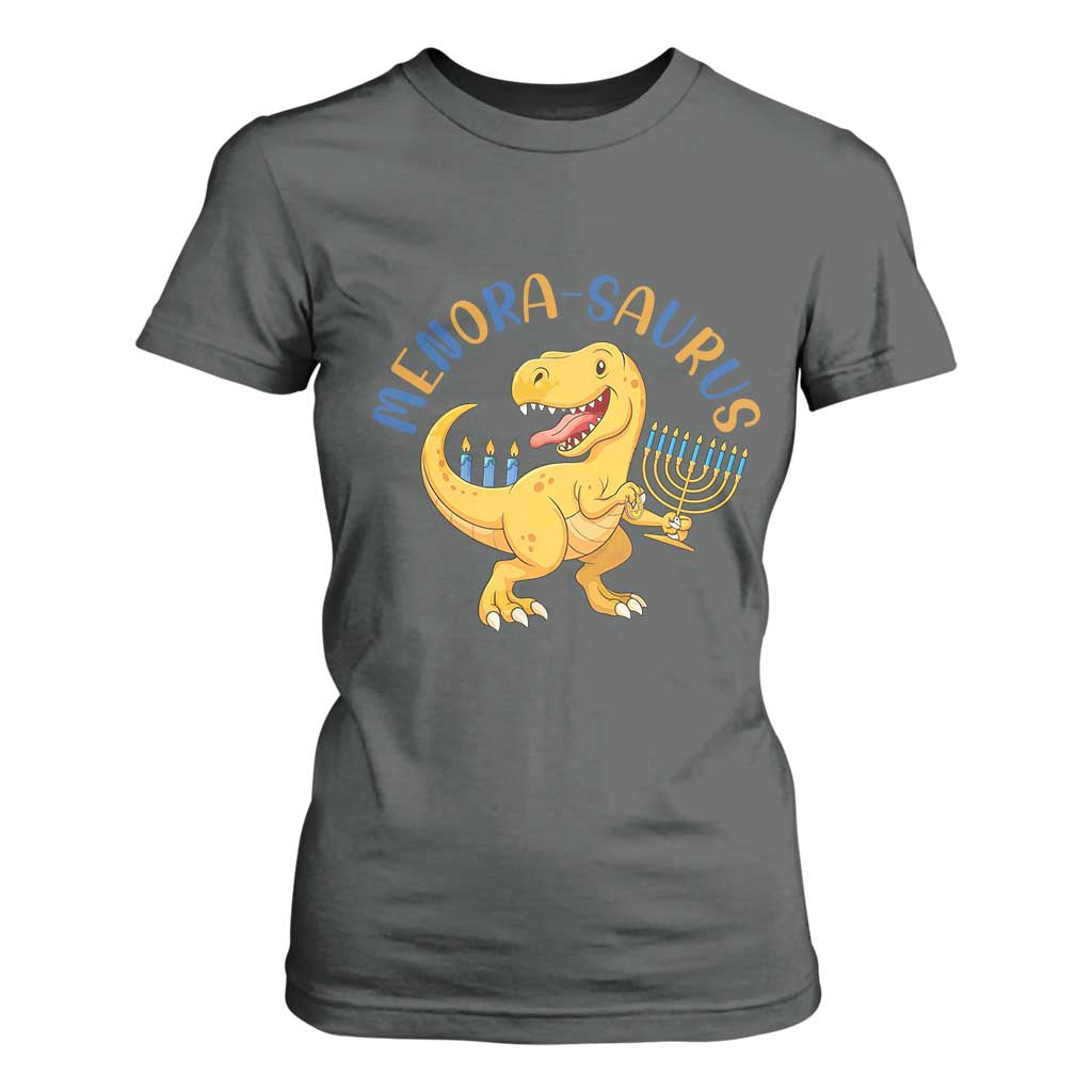 Funny Hanukkah Dinosaur Celebration Festival Of Lights Gift T Shirt For Women Menorasaurus TS12 Dark Heather Print Your Wear