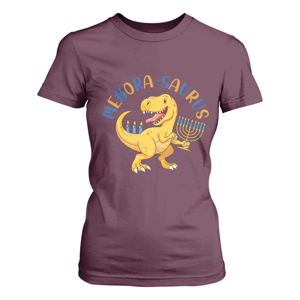 Funny Hanukkah Dinosaur Celebration Festival Of Lights Gift T Shirt For Women Menorasaurus TS12 Maroon Print Your Wear