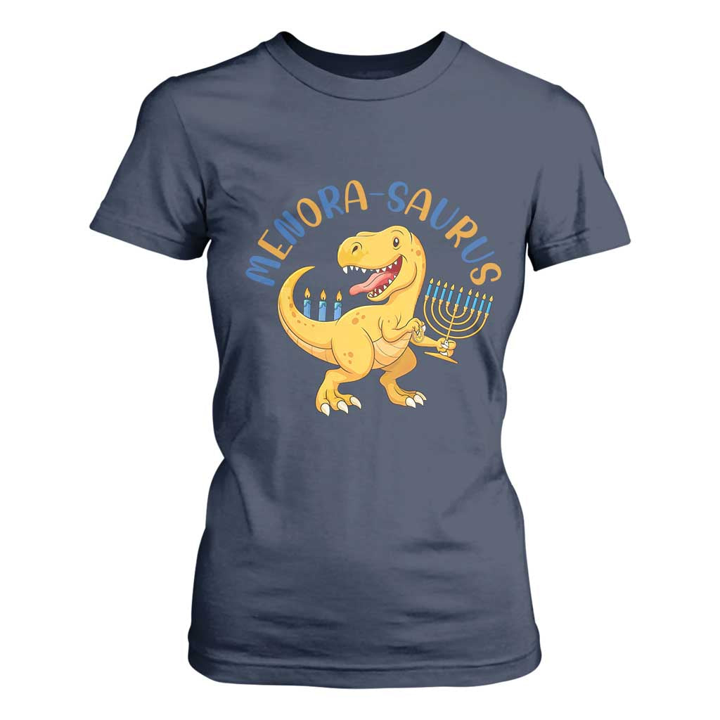 Funny Hanukkah Dinosaur Celebration Festival Of Lights Gift T Shirt For Women Menorasaurus TS12 Navy Print Your Wear