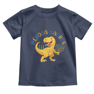 Funny Hanukkah Dinosaur Celebration Festival Of Lights Gift Toddler T Shirt Menorasaurus TS12 Navy Print Your Wear