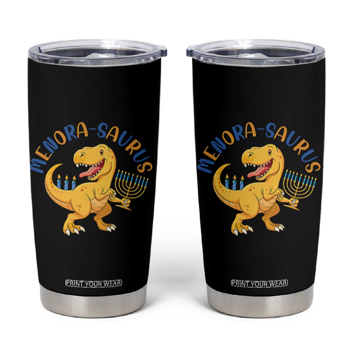 Funny Hanukkah Dinosaur Celebration Festival Of Lights Gift Tumbler Cup Menorasaurus TS12 Black Print Your Wear