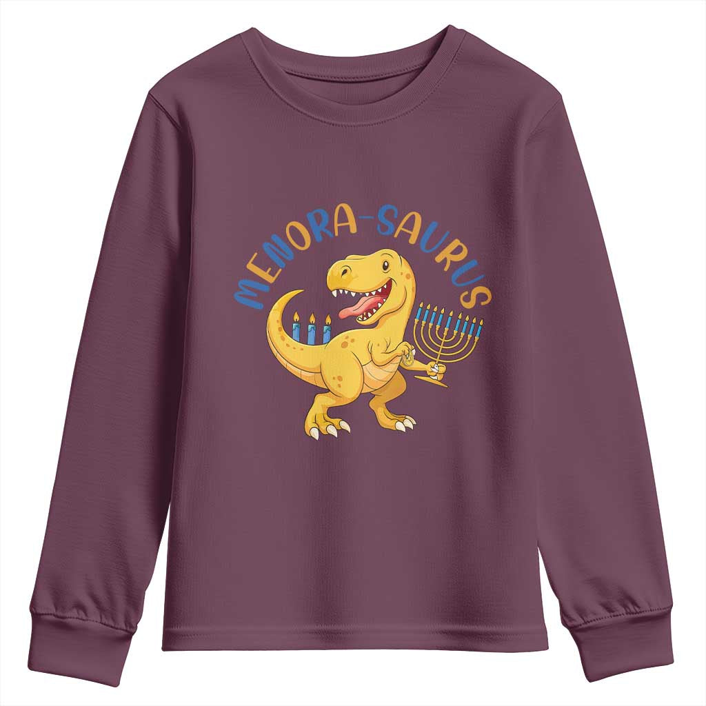 Funny Hanukkah Dinosaur Celebration Festival Of Lights Gift Youth Sweatshirt Menorasaurus TS12 Maroon Print Your Wear