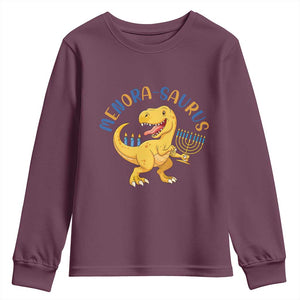 Funny Hanukkah Dinosaur Celebration Festival Of Lights Gift Youth Sweatshirt Menorasaurus TS12 Maroon Print Your Wear
