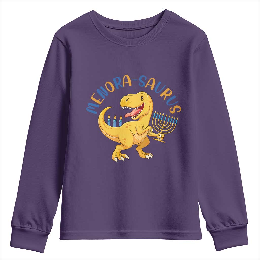 Funny Hanukkah Dinosaur Celebration Festival Of Lights Gift Youth Sweatshirt Menorasaurus TS12 Purple Print Your Wear