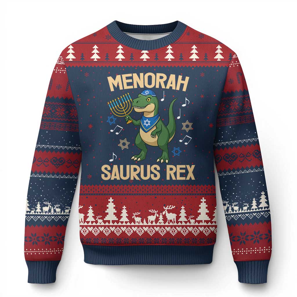 Funny Hanukkah Dinosaur Lover Ugly Christmas Sweater Menorasaurus Rex Festival Of Lights Gift TS12 Navy Red Print Your Wear