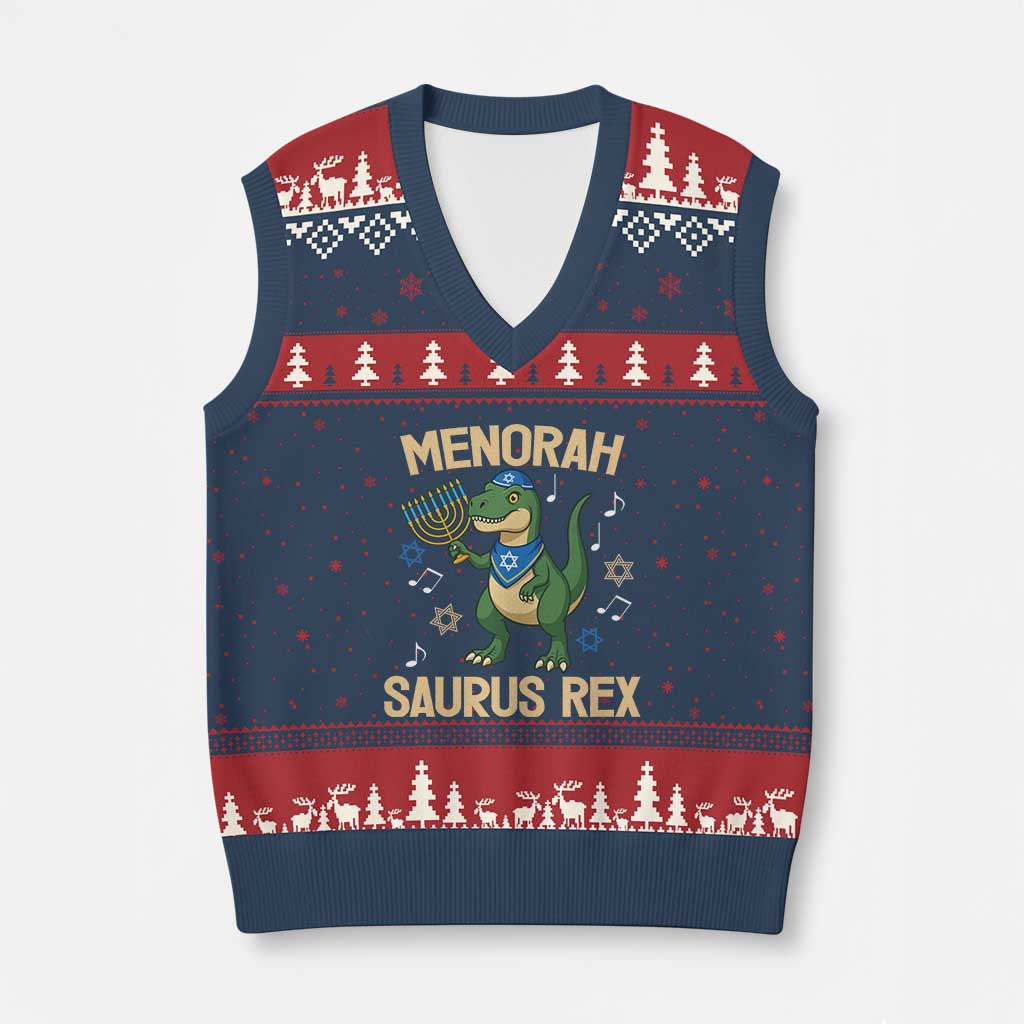 Funny Hanukkah Dinosaur Lover V-Neck Knit Sweater Vest Menorasaurus Rex Festival Of Lights Gift TS12 Navy Red Print Your Wear