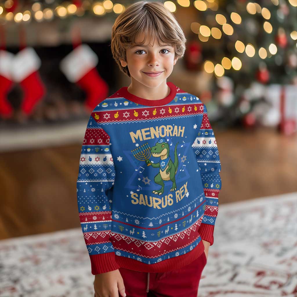 Funny Dinosaur Lover Hanukkah Ugly Sweater Menorasaurus Rex Festival Of Lights Gift TS12 Blue Red Print Your Wear