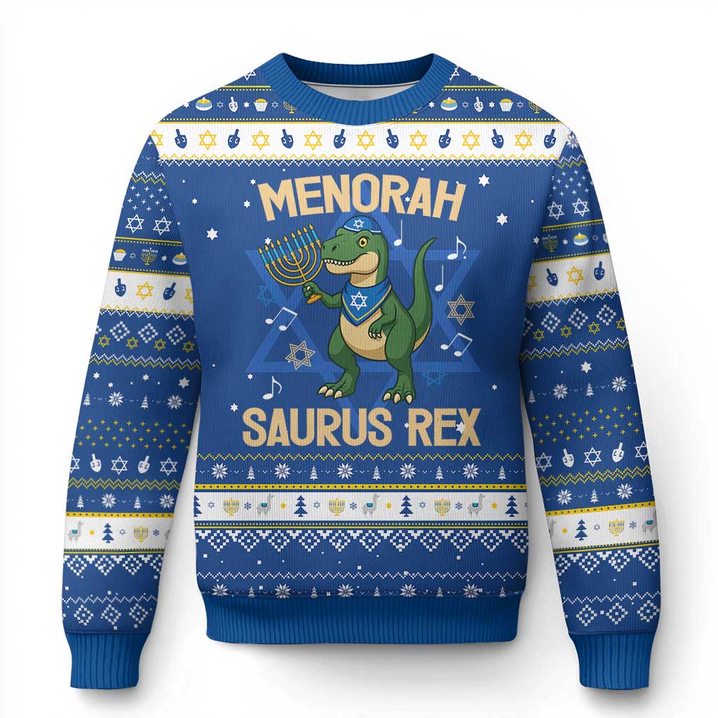 Funny Dinosaur Lover Hanukkah Ugly Sweater Menorasaurus Rex Festival Of Lights Gift TS12 Blue White Print Your Wear