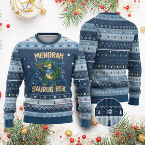 Funny Dinosaur Lover Hanukkah Ugly Sweater Menorasaurus Rex Festival Of Lights Gift TS12 Navy Light Blue Print Your Wear